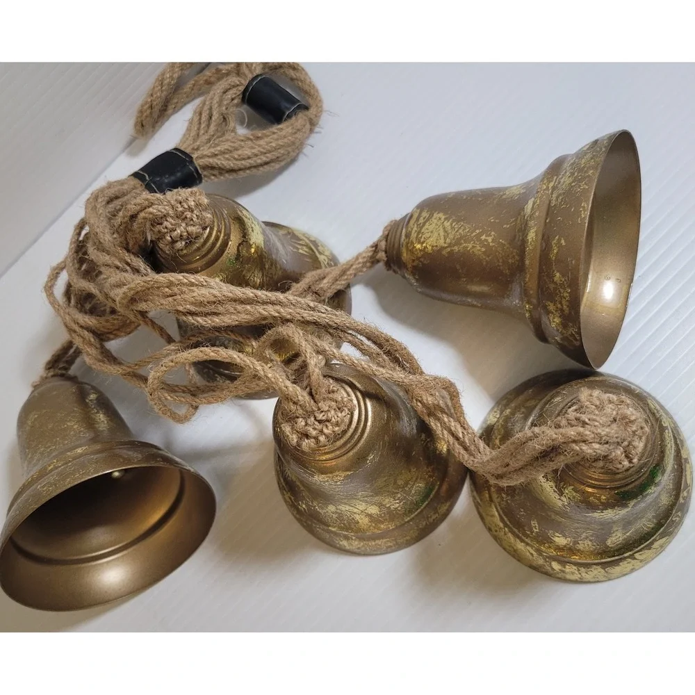 Rustic 5 Hanging Bells Gold Metal Bells w/ Jute Rope‎ Distressed Holidays Decor